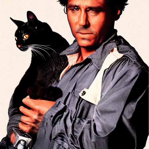 Prompt: poster for an 8 0 s action buddy cop film where the main character is a cat holding a gun
