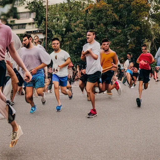 Prompt: a mass of people running away from a single man because he is wearing sock with sandals.