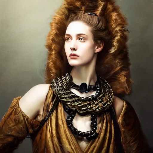 Prompt: A masterpiece portrait of a Incredibly beautiful futuristic high fashion queer model girl with a large luxurious Victorian necklace made of electronical trash. Rococo dress from steel. trending on artstation, digital art, by Stanley Artgerm Lau, WLOP, Rossdraws, James Jean, Andrei Riabovitchev, Marc Simonetti, Yoshitaka Amano