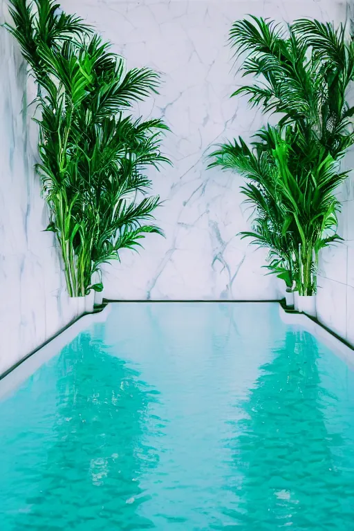 Image similar to detailed interior of a vaporwave pool, white marble walls, palm vegetation, light shafts, stunning atmosphere, cinematic lighting, smooth, sharp focus, high detail, cinematic feel