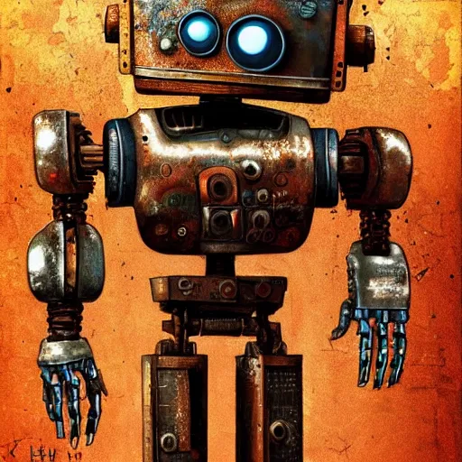 Image similar to a rusty old robot with human eyes, hyper detailed, photorealistic, grunge, rusty, retro futuristic