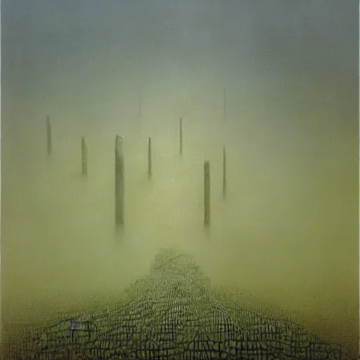 Prompt: arm reaching out of thick fog, symetrical rows of tall stone blocks in far distance, intricate zdzislaw beksinski