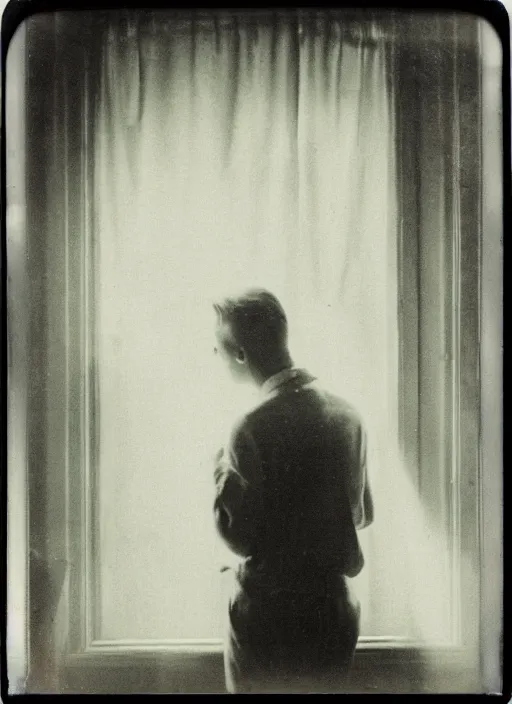 Image similar to a man looking out a window in the afternoon, flash polaroid photo by george hurrell, hazy light rays