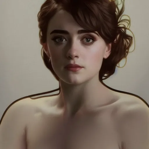 Image similar to portrait of a combination of Ashley Green, Maisie Williams, Krysten Ritter, Anne Hathaway and Adriana Dxim, Grace Kelly and Lily Collins by Alphonse Mucha, trending on artstation