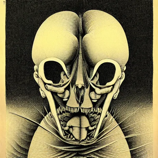 Image similar to surreal japanese woodblock head anatomical atlas dissection center cut, lithography on paper conceptual figurative ( post - morden ) monumental dynamic soft shadow portrait drawn by hogarth and escher, inspired by goya, illusion surreal art, highly conceptual figurative art, intricate detailed illustration, controversial poster art, polish poster art, geometrical drawings, no blur