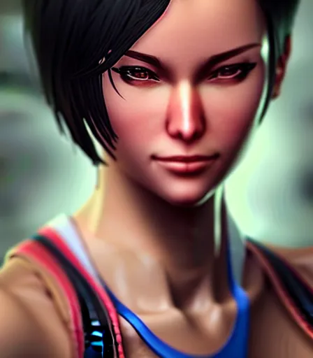 Prompt: beautiful portrait of a gorgeous personal trainer who looks like Ada Wong , character design by charlie bowater, ross tran, artgerm, and makoto shinkai, detailed, soft lighting, rendered in octane