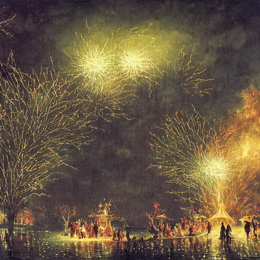 Image similar to closeup of a night carnival around a magical in a summer storm, tree cavity with a music scenario with many fireworks and christmas lights, next to a lake with iridiscent lake water, volumetric lightning, folklore people disguised with fantastic creatures in a magical forest by summer night, masterpiece painted by paul gustav fischer, scene by dark night environment, refraction lights, five star stories
