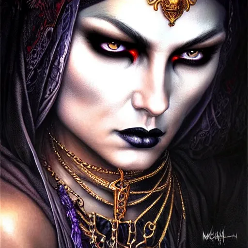 Image similar to portrait of a gypsy queen grim dark, dark, piercing eyes, exotic expression, esoteric clothing, photorealistic, highly detailed, mysterious lighting, artstation, smooth, sharp focus, art by michael whelan, artgerm, greg rutkowski and luis royo