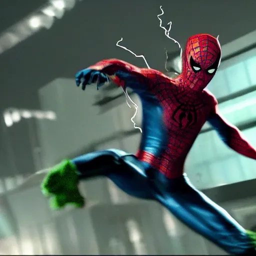 Prompt: Tobey Maguire as the Green Goblin, fighting Daniel Radcliffe as Spider-Man, 2023 movie preview, screenshot, promotional still, Ultra HD, 8k, realistic