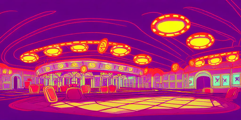 Prompt: curled perspective digital art of curly indoor casino with a stage pale colors by anton fadeev from nightmare before christmas