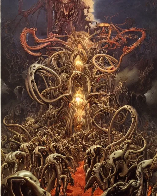 Prompt: elegant renaissance painting of biomechanical warhammer final boss vecna battle, art by bruce pennington and peter mohrbacher, epic biblical depiction, flesh and bones, fangs, teths and tentacles, corpses and shadows!