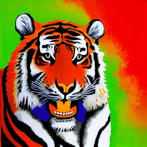 Image similar to tiger print by steve henderson, by pete turner experimental. in this body art, the artist has used a photo - realist style to depict a can of soup. the can is placed on a plain background, & the artist has used bright, primary colors to create a striking image. the body art is both realistic & abstract