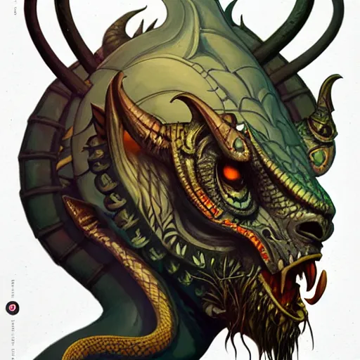 Image similar to side profile of barong family member, wiwek, mara demon, one single tribe member, jungle, one single mask, dark, ancient viking warrior, snake, cameleont, tribal, inner glow, paint by peter mohrbacher