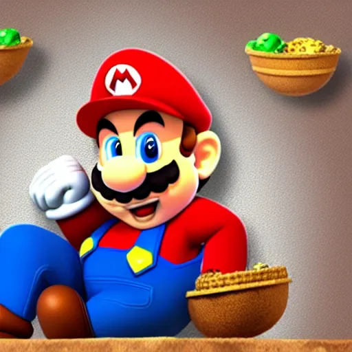 Prompt: super mario eating a bowl of cereal