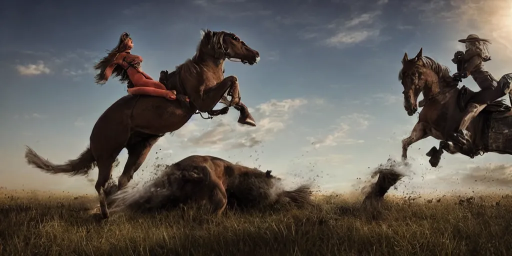 Image similar to cyborg cat rides a horse into the sunset, punished, war, hyperrealistic, sharp focus, award winning photo