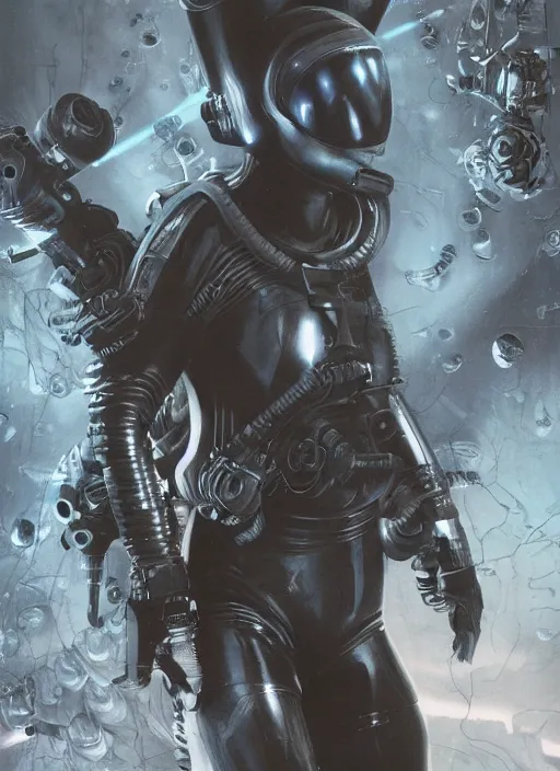 Image similar to astronauts in dark void underwater - complex and hyperdetailed technical suit. reflection and dispersion materials. rays and dispersion of light. volumetric light. f / 3 2. noise film photo. flash photography. ultra realistic, wide angle. poster by wayne barlowe, hajime sorayama aaron horkey, craig mullins