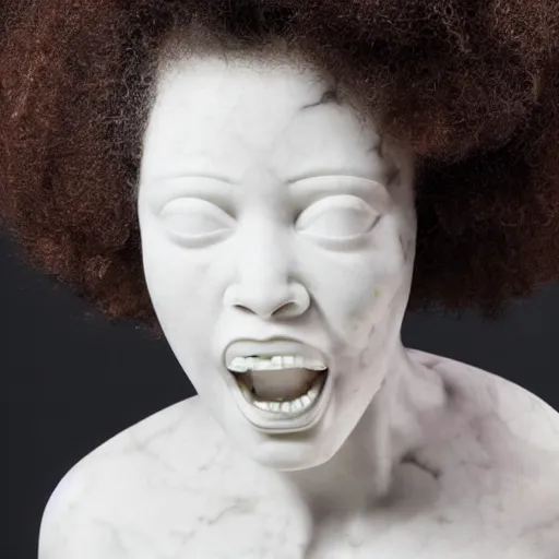 Prompt: a photorealistic all white marble sculpture of a black girl with an afro crying