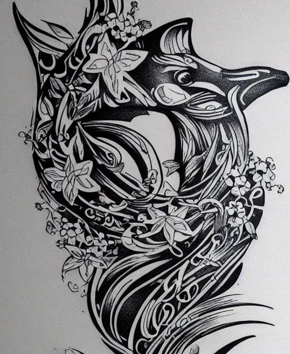 Image similar to amazing detailed tattoo stencil of a floral realistic orca