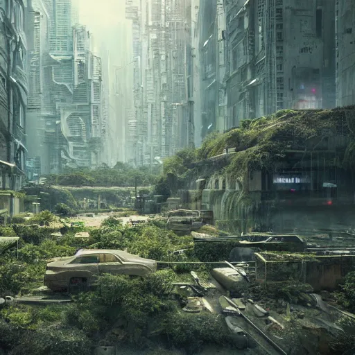 Prompt: beautiful nature reclaiming a dystopian city, cyberpunk, sharp focus, dynamic lights, still, photograph, hyper realistic, masterpiece, octane render, rendered, 3 d, cinematic, cinematic lighting, dramatic lighting, highly detailed, intricate details, texture, cinematic composition, wide shot, by donglu yu and kevin jick and eddie del rio