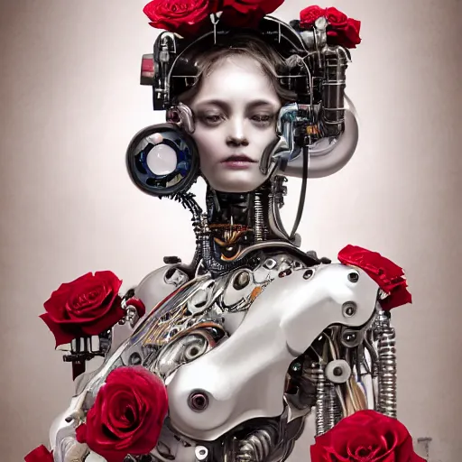 Image similar to a beautiful intricate fine art portrait photo of a a mechanical industrial steampunk cybernetic robot taking a milk bath surrounded by roses, by tom bagshaw and zach sutton, perfection!, milk bath photography, studio lighting, 35mm lens, very detailed, bionic, cybernetic scifi, deep depth of field, artstation, 8K, highly coherent