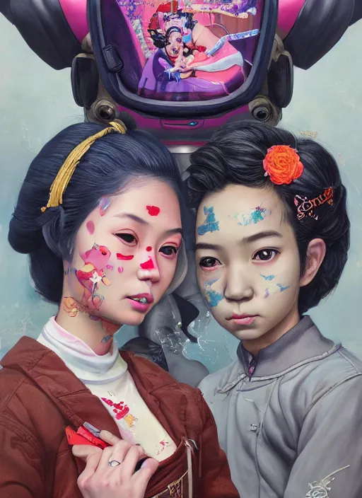 Prompt: beautiful portrait painting of a cute Thai lofi cyberpunk princess and her corgi assassin king, by Afarin Sajedi, Alessandro Barbucci, Alex Gross, Shin Jeongho, Shohei Otomo. trending on Artstation, 8k, masterpiece, face enhance, graffiti paint, fine detail, full of color, intricate detail, golden ratio illustration