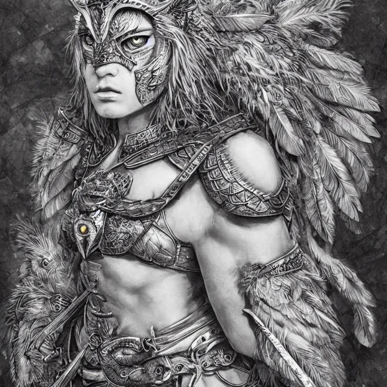 Image similar to muscular female owl warrior, realistic proportions, sharp focus, beautiful face, wearing feather armor, wielding an owl broadsword, symmetrical, highly detailed, engraving kentaro miura manga art style trending on artstation 8 k