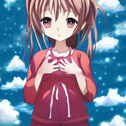 Image similar to cute anime girl looking in the sky surrounded by clouds