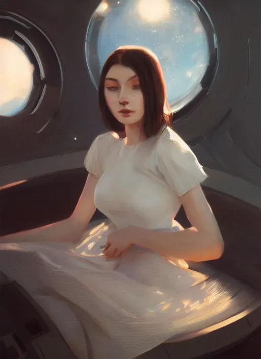 Prompt: beautiful girl sitting on a spaceship window wearing a dress, highly detailed miniskirt, beautiful face model girl, by jeremy lipking, by artgerm, digital art, octane render