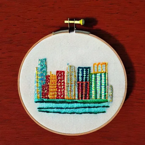Image similar to a tiny beautiful handmade embroidery of a city. hand embroidery.
