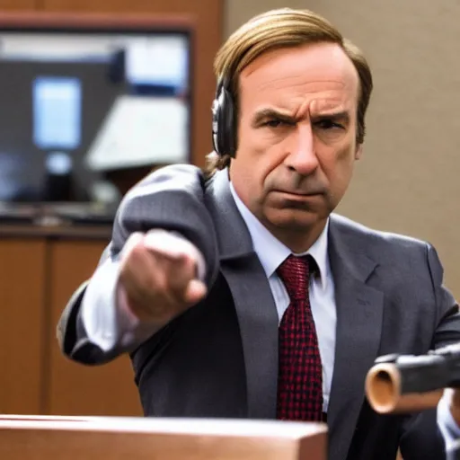 Prompt: saul goodman shooting a glock 1 9 inside a courtroom