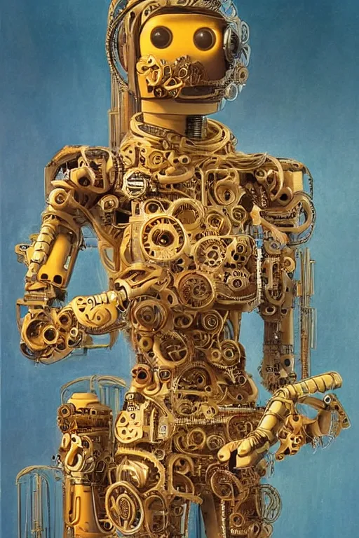 Prompt: a highly detailed retro futuristic female android with gears and other mechanical parts made out of pasta going for a walk outside, a robot made out of pasta, arms made out of spaghetti, eyes made out of macaroni, painting by Jim Burns and Julie Bell