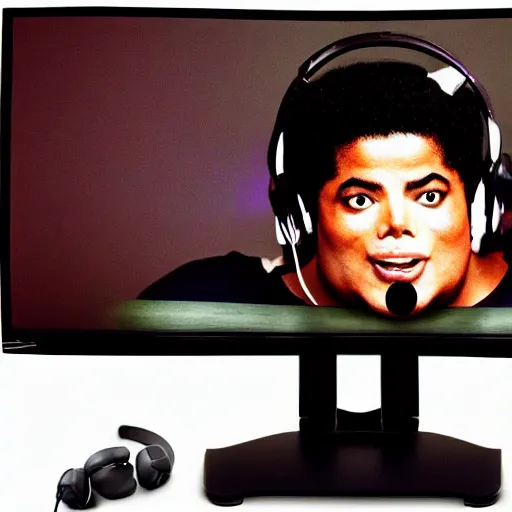 Image similar to obese Michael Jackson wearing a headset yelling at his monitor while playing WoW highly detailed wide angle lens 10:9 aspect ration award winning photography by David Lynch esoteric erasure head