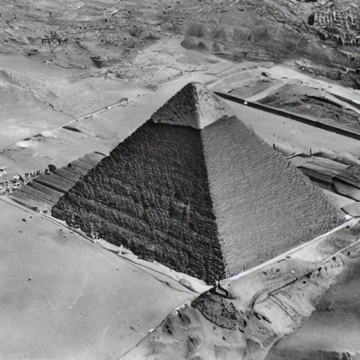 Prompt: an aerial photograph of future prospective site for a pyramid at giza with the early stages of construction and heavy scaffolding clearly visible, dslr