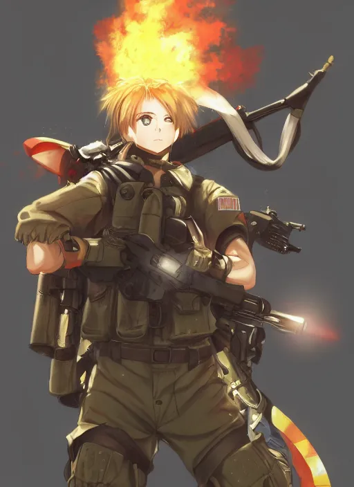 Image similar to portrait of the ablaze paratrooper, anime fantasy illustration by tomoyuki yamasaki, kyoto studio, madhouse, ufotable, trending on artstation