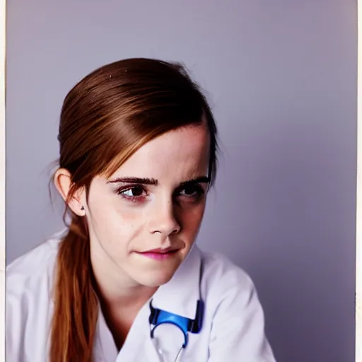 Image similar to emma watson, nurse scrubs, hospital, portrait, ponytail, mouth open, rolling eyes, head and shoulders, award winning, kodak ektachrome expired blue tint,