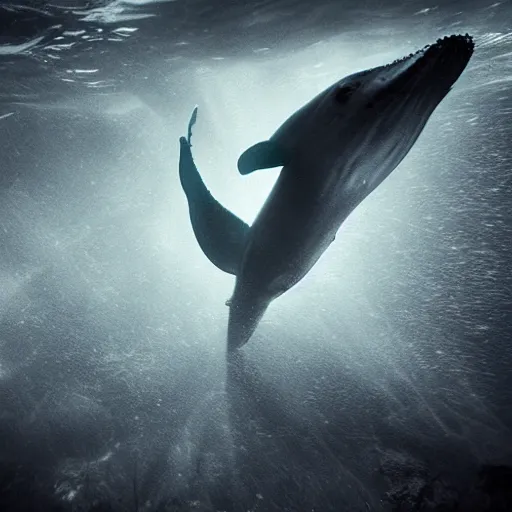 Image similar to underwater photo of a demonic whale in an abandoned aquarium, real life photography, horror, biological photo, fullbody, dynamic lighting, beautiful, scary