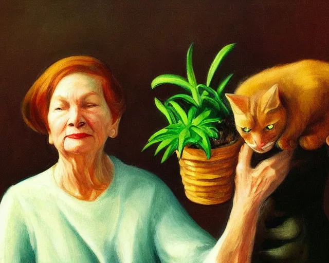 Prompt: detailed portrait of an old lady and her plant cat, Edward Hopper, sharp high quality