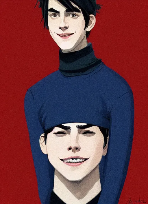 Image similar to portrait of teenage jughead jones wearing a light grey crown, crown, blue turtleneck, closed eyes, eyes closed, smile, crown, black hair, intricate, elegant, glowing lights, warm lighting, highly detailed, digital painting, artstation, concept art, smooth, sharp focus, illustration, art by wlop, mars ravelo and greg rutkowski