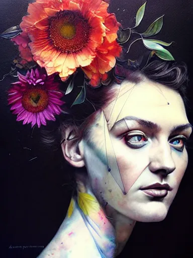 Image similar to double exposure, portrait of florence jones with a floral background : : painted by artgerm, karol bak, artur bordalo, sandra chevrier : : portrait, character, illustration, hyperrealism, photorealism