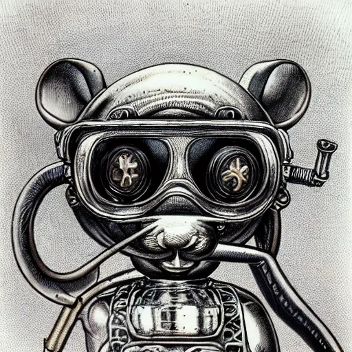 Image similar to a rat with steampunk googles, by HR Giger