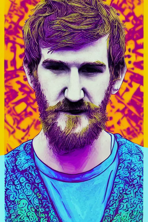 Image similar to inspirational style hope poster of bo burnham with beard, psychedelic colors, highly detailed, realistic, loving