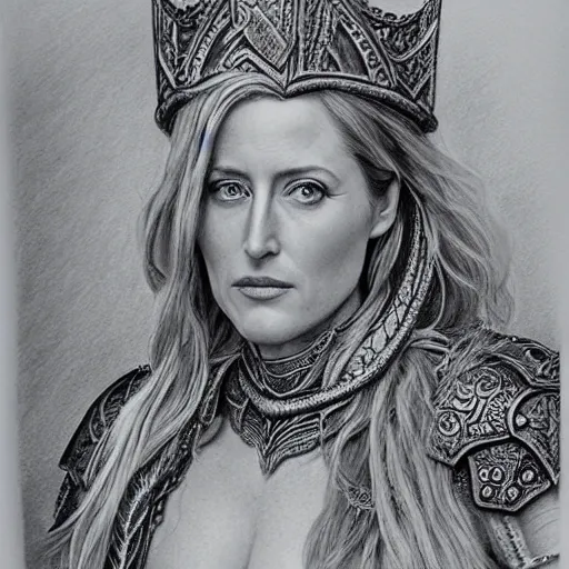 Prompt: hyper realistic pencil drawing of Gillian Anderson as a viking princess, intricate detail, beautiful, battle armor, war, fight, light, dragon, bright color palette