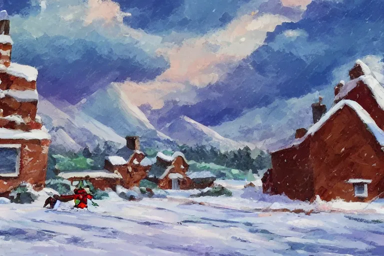 Image similar to snowy Landscape and a village in the background in the style of Pokemon Sword and shild