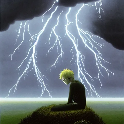 Image similar to killua zoldyck made by zdzisław beksinski, thunderstorm, 8 k, detailed, cinematic, rain, crying, black