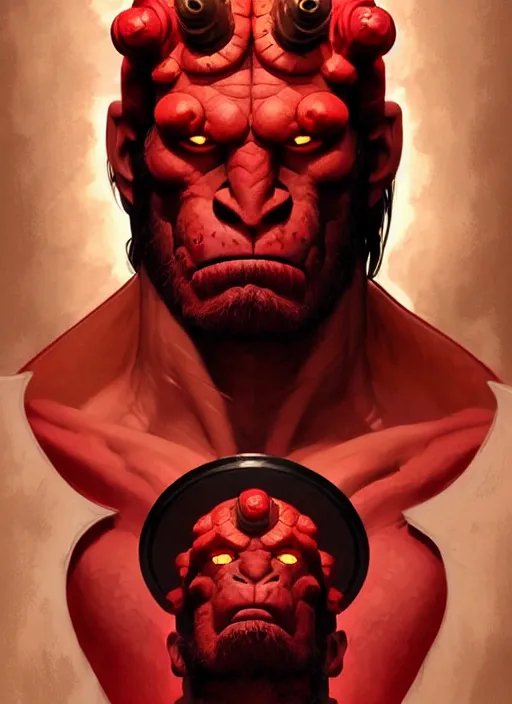 Image similar to portrait of hellboy, intricate, elegant, highly detailed, my rendition, digital painting, artstation, concept art, smooth, sharp focus, illustration, art by artgerm and greg rutkowski and alphonse mucha and uang guangjian and gil elvgren and sachin teng, symmetry!!