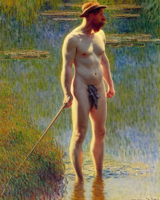 Prompt: attractive fisherman wading through a river, reflective water, painting by tom of finland, gaston bussiere, craig mullins, j. c. leyendecker, claude monet