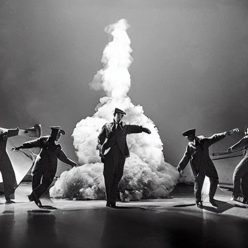 Image similar to award winning Production photo of the Hindenburg disaster the musical on broadway, dancing, singing, costumes by Julie Taymor, set design by Julie Taymor