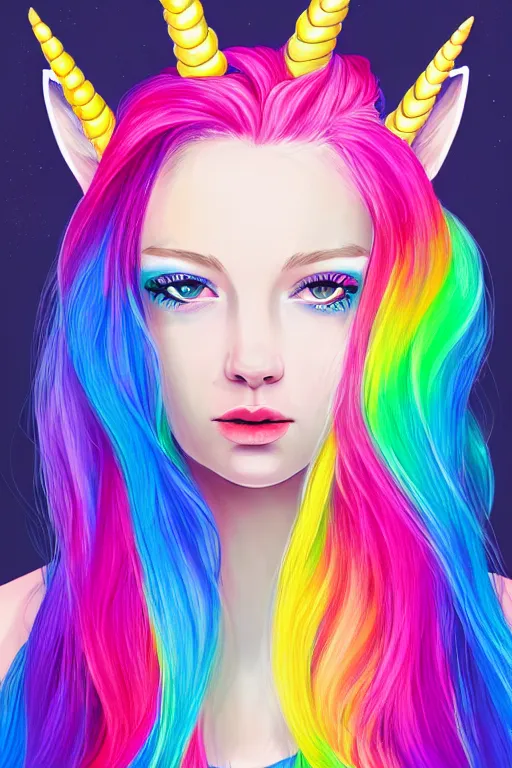 Prompt: a girl with rainbow hair, unicorn horns, portrait, rim light, fresh colors, gradients, highly detailed, digital illustration, concept art, smooth, sharp focus,