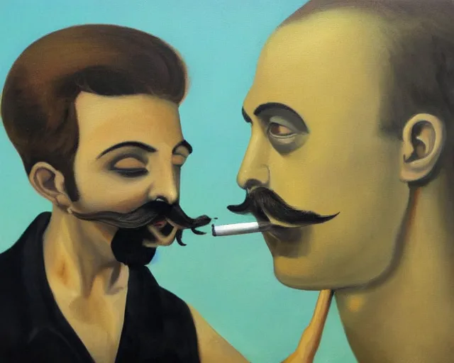 Image similar to a surreal painting of a young man with a handlebar mustache smoking a joint