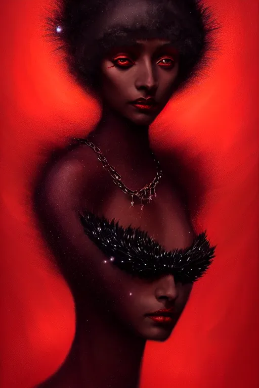 Image similar to Nocturne, glowing, stars, a portrait of black furry shadow monster hybrid woman, highly detailed, mysterious, ethereal, dressed in red velvet, haute couture, illustration, dramatic lighting, soft details, painting, by Edmund Blair Leighton, Brom, Charlie Bowater, trending on artstation, faces by Tom Bagshaw, otto schmidt